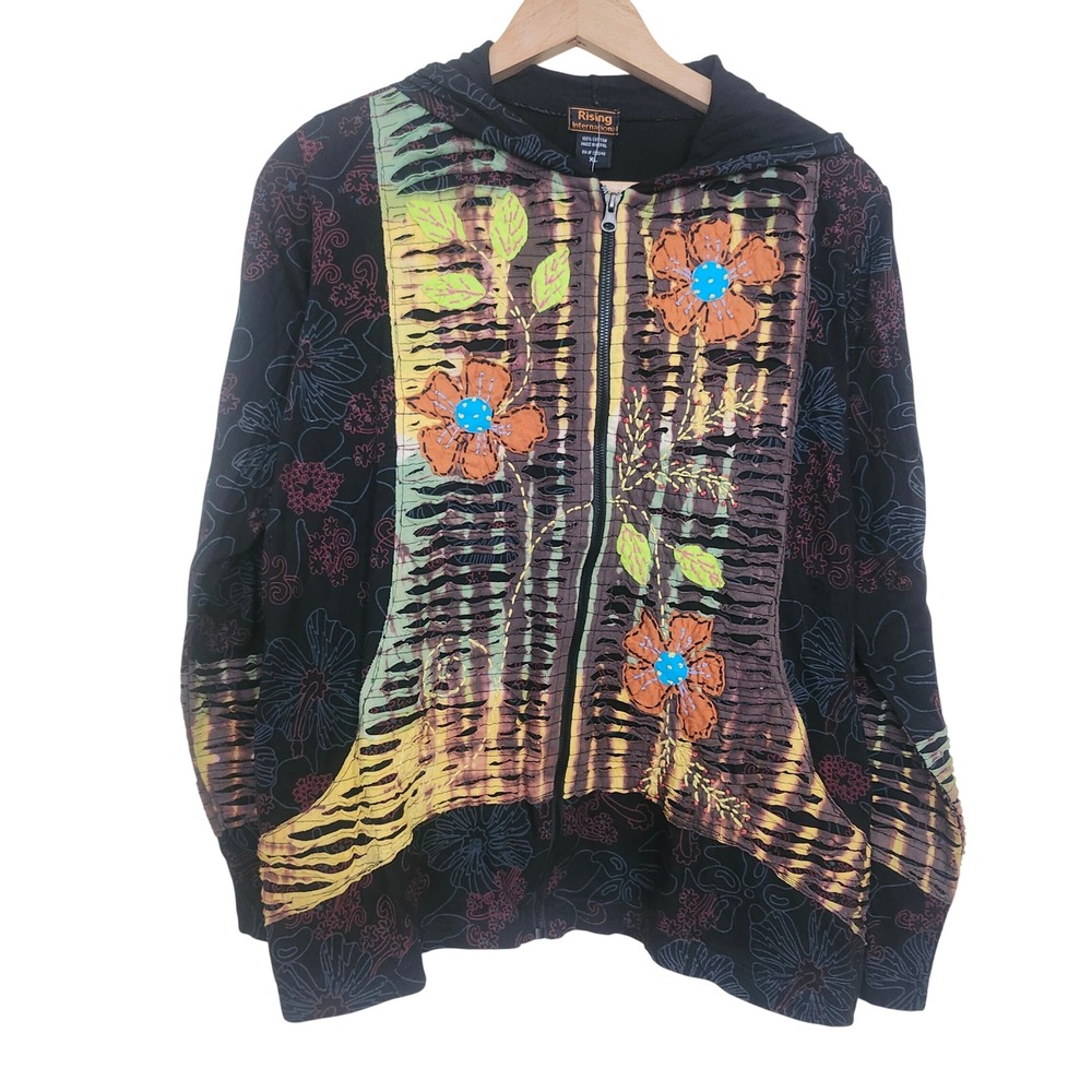 Rising International Hoodie Women XL Black Floral Patchwork Zip Up RI14-32 NWT